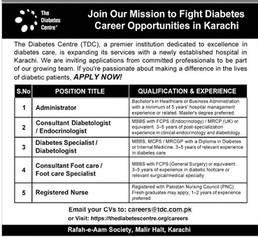 Diabetes Care Hospital Jobs in Karachi – Multiple Positions Available