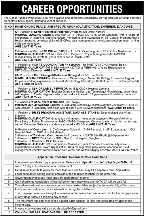 Donor Funded Project Sindh Jobs 2025 – Multiple Positions