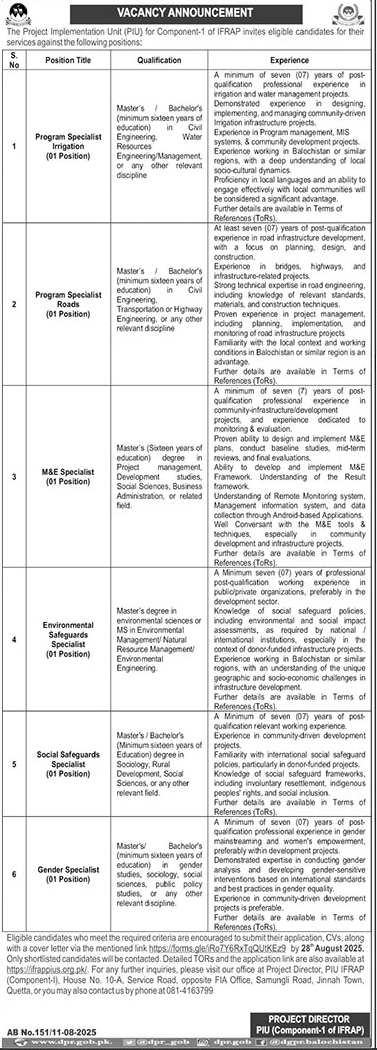 IFRAP Project Implementation Unit Jobs 2025 – Multiple Specialist Positions