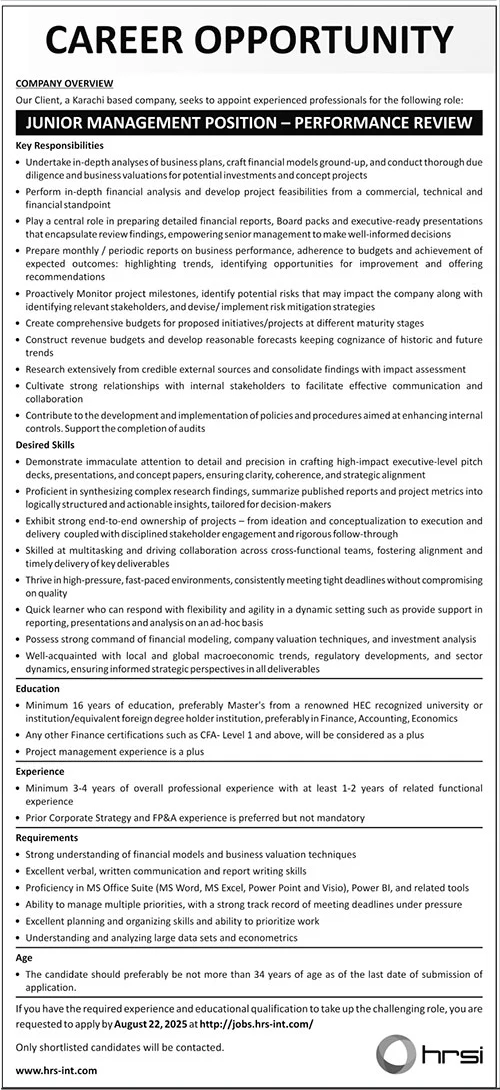 Junior Management Position Performance Review Job in Karachi Apply by August 22, 2025