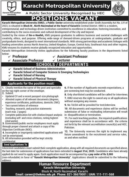 Karachi Metropolitan University Faculty Jobs 2025