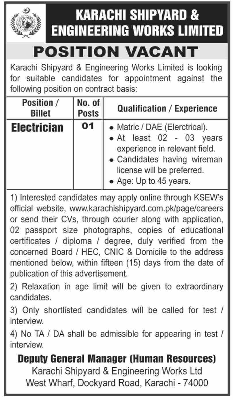 Karachi Shipyard Electrician Job 2025