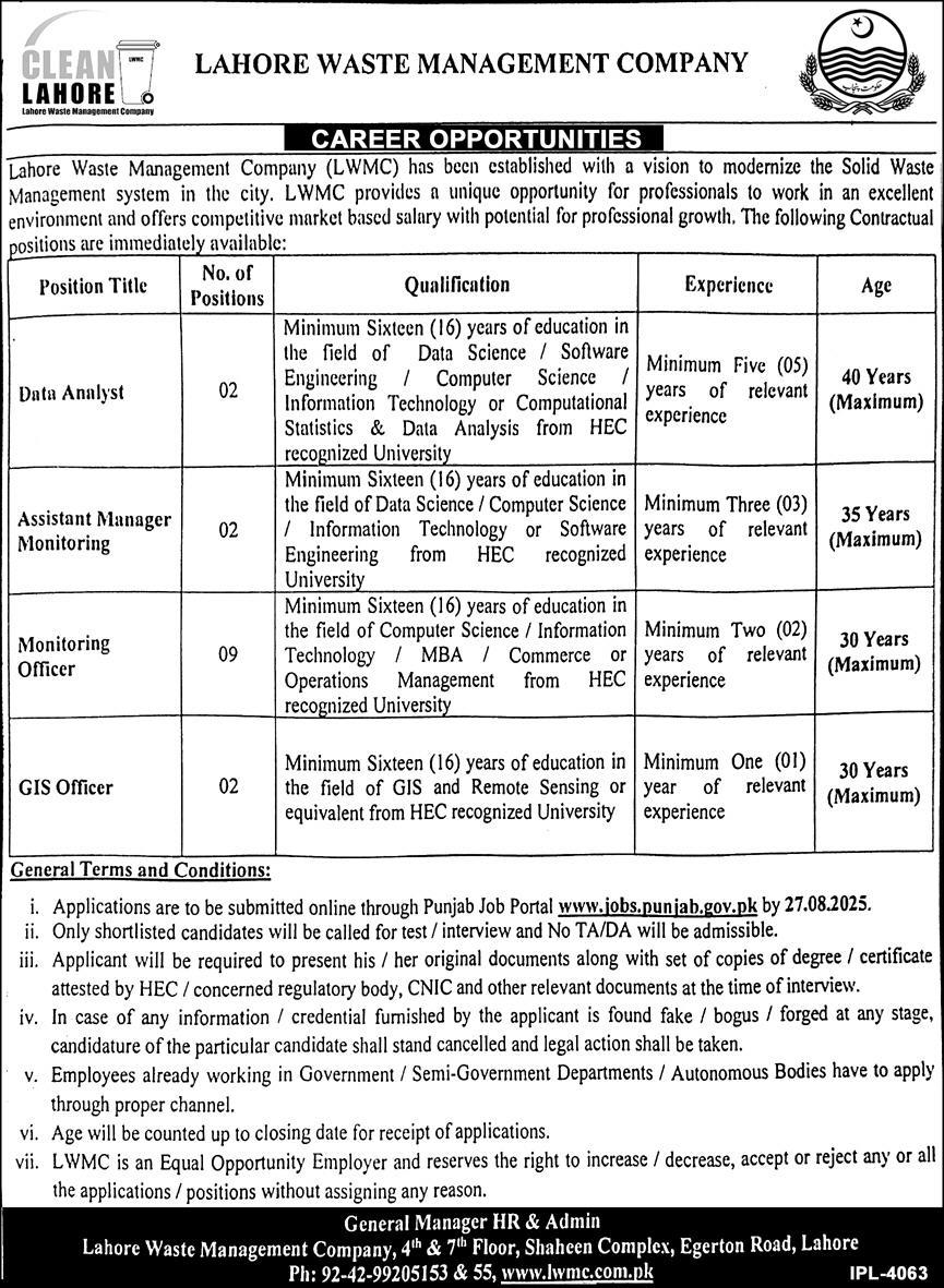 Lahore Waste Management Company LWMC Jobs 2025 – Apply Online