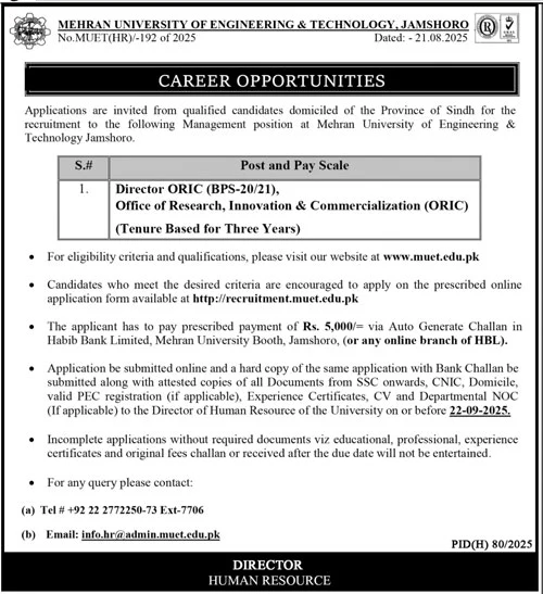 Mehran University ORIC Director Jobs 2025