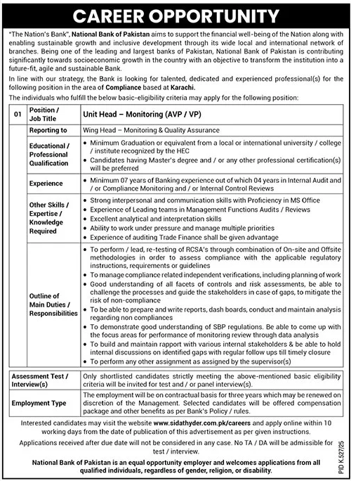 National Bank of Pakistan – Unit Head Monitoring Job