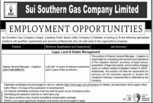 SSGC Deputy General Manager Litigation Jobs 2025