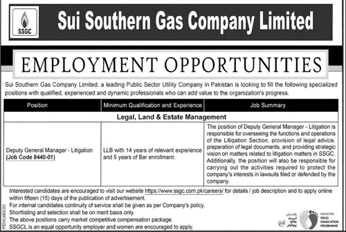 SSGC Deputy General Manager Litigation Jobs 2025