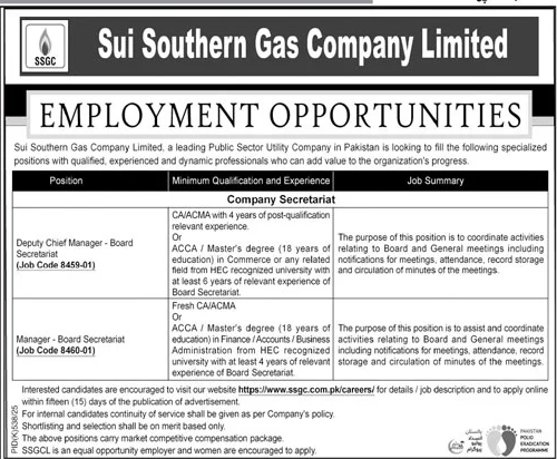 Sui Southern Gas Company Limited Jobs 2025 – Company Secretariat Vacancies