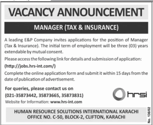 Manager Tax & Insurance Jobs 2025 in Karachi